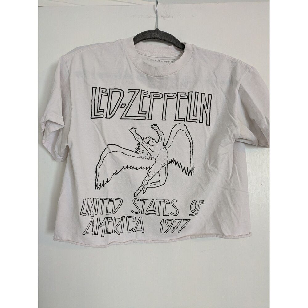 LED-ZEPPELIN Graphic T-Shirt Size M White Distressed 1977 Tour Raw Hem Cropped